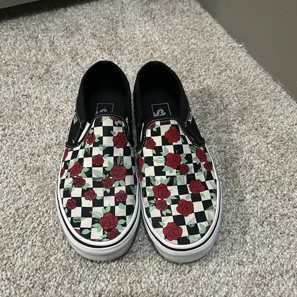 Checkered Slip-On Vans with Red Rose Design - Picture 1 of 7